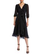 Dot 3/4-sleeve Ruffle Wrap Dress