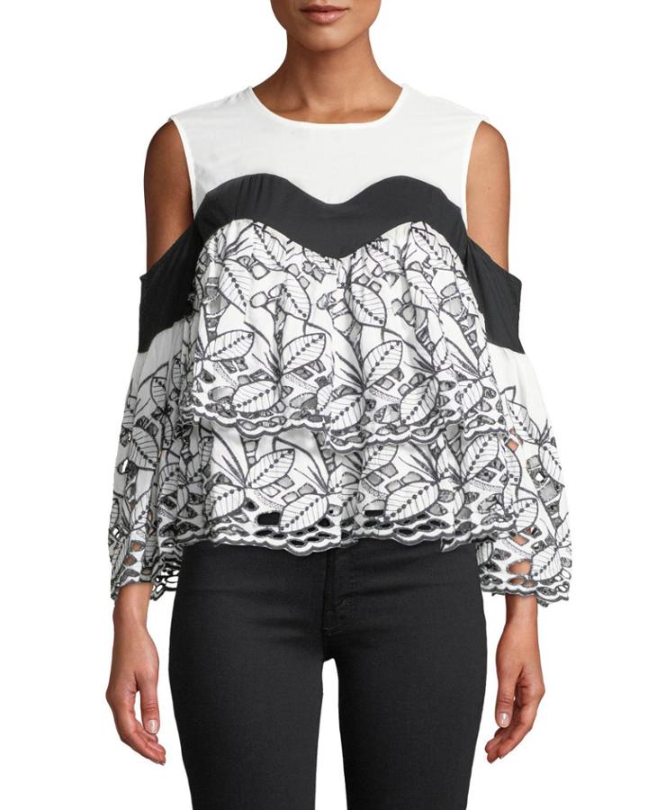 Cold-shoulder Tiered Eyelet Blouse
