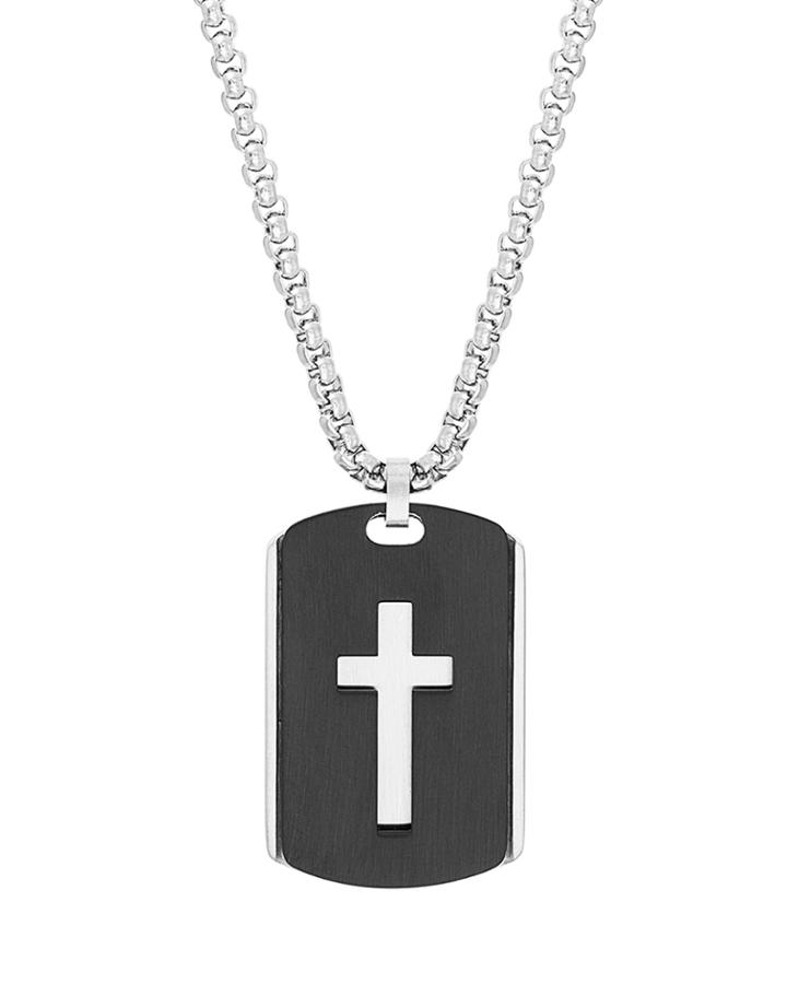 Men's Dog Tag Cross Necklace. 28l, Black/silver