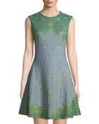 Sleeveless Jacquard Fit-and-flare Dress, Blue Green