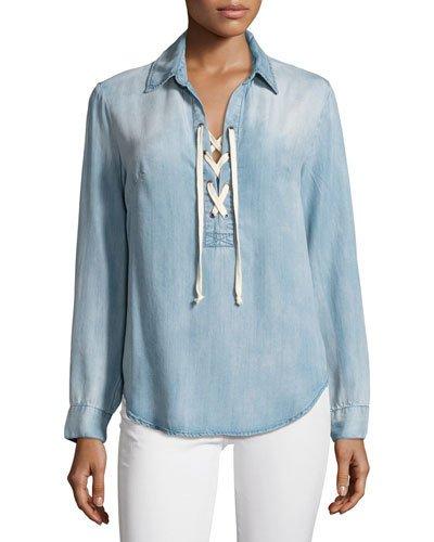 Delacey Lace-up Chambray Blouse, Blue