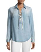 Delacey Lace-up Chambray Blouse, Blue