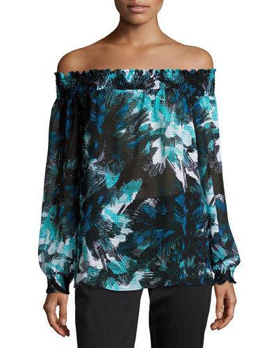 Off-the-shoulder Smocked Top, Blue Pattern