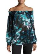 Off-the-shoulder Smocked Top, Blue Pattern