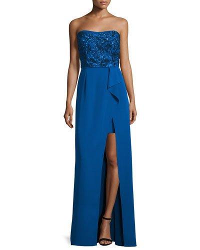 Strapless Sequined-bodice Peplum Column Gown
