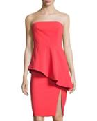 Asymmetric-peplum Midi Dress, Coral Red