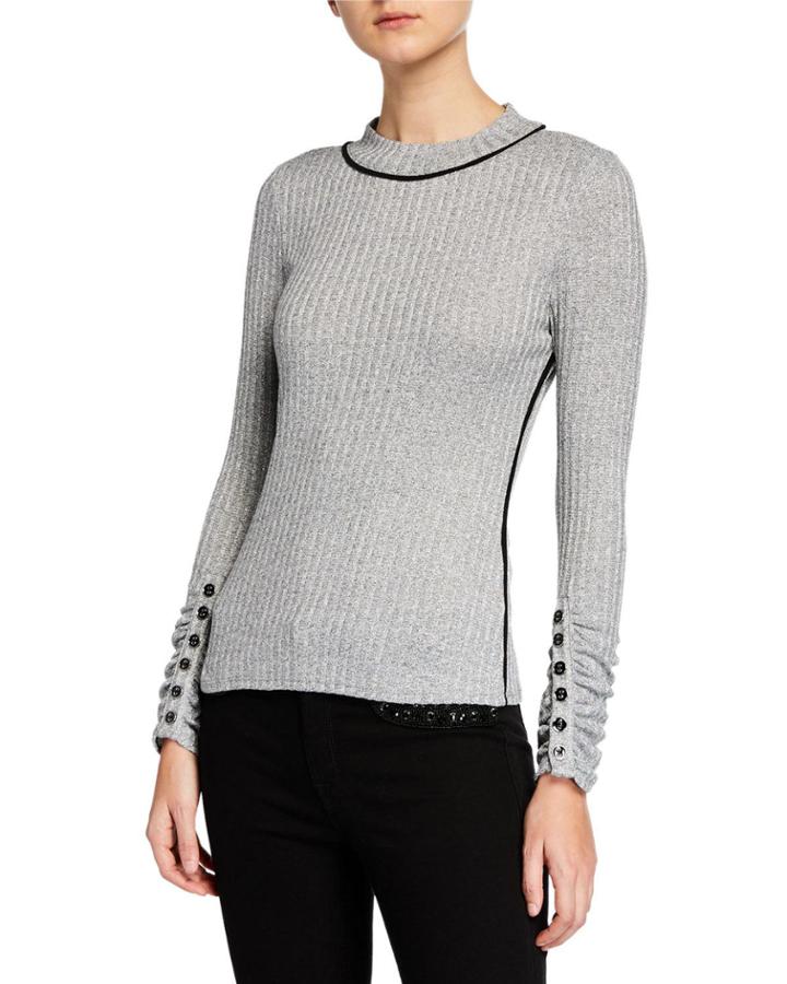 Button-detail Scrunched-sleeve Fitted Knit Top