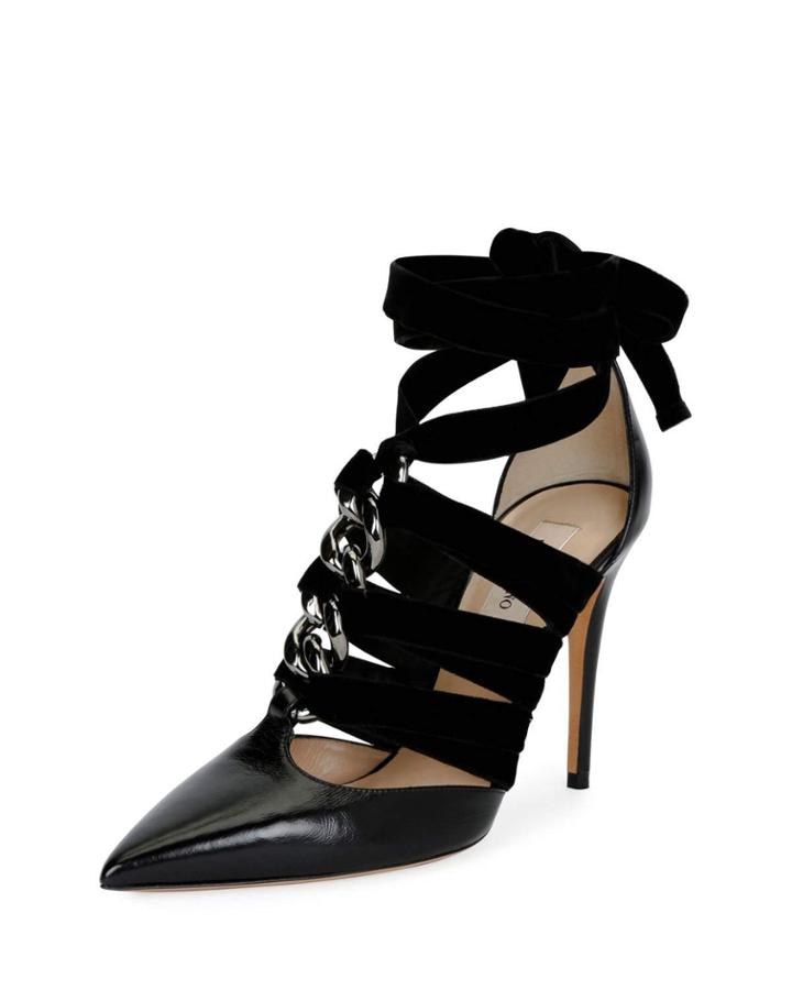 Chain Velvet Ankle-wrap Pumps, Black