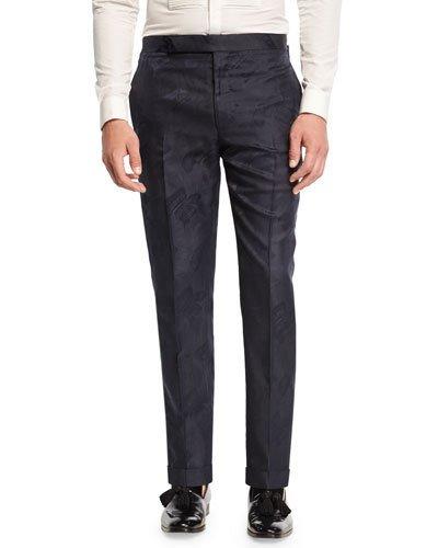 Botanical Leaf Jacquard Pants, Navy