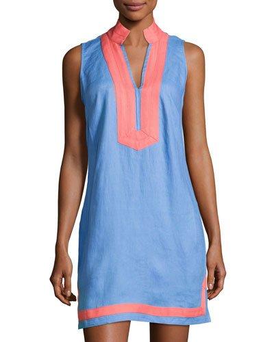 Sleeveless Contrast-trim Linen Tunic Dress, Blue
