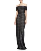 Illusion Off-the-shoulder Short-sleeve Jacquard-knit Gown