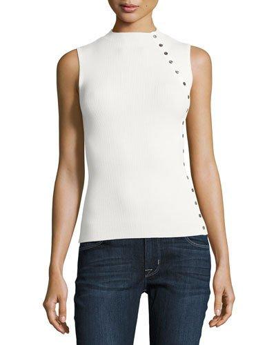 Ribbed Asymmetric Button Top, White