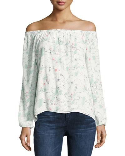 Chantel Floral-print Off-the-shoulder Top, White Pattern