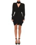 Long-sleeve High-collar V-neck Faux-wrap Cocktail Dress