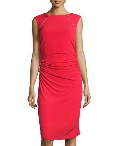 Sleeveless Bateau-neck With Zipper Detail Dress, Bright Red