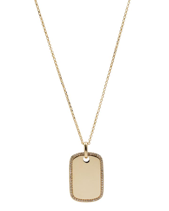 14k Yellow Gold Dog Tag Pendant Necklace With Diamonds