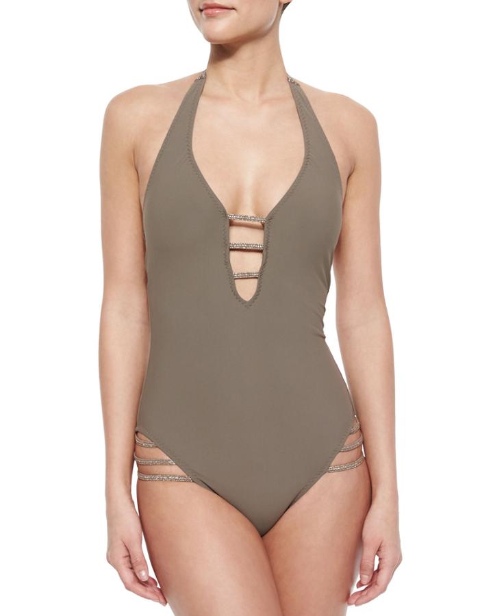 Neiman Marcus Glittered Halter One-piece Swimsuit, Women's, Size: