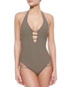 Neiman Marcus Glittered Halter One-piece Swimsuit, Women's, Size: