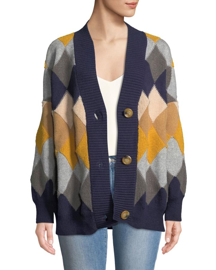 Button-front Colorblock Argyle Cardigan
