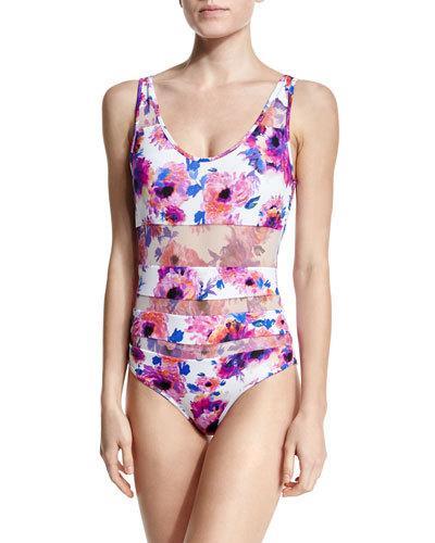 Floral-print Mesh Cutout One-piece