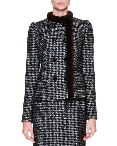 Fur-trim Snap-front Jacket, Black/gray/multi