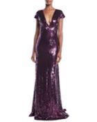 Deep-v Cap-sleeve Beaded Embellished Column Evening Gown