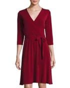 3/4-sleeve Solid Perfect Wrap Dress, Wine