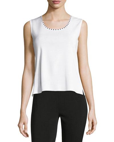 Embellished Scoop-neck Knit Tank, White