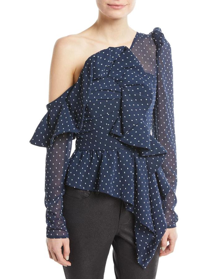 One-shoulder Dotted Plumetis Frill Top