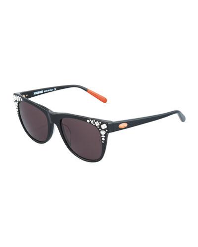 Embellished Square Plastic Sunglasses, Black