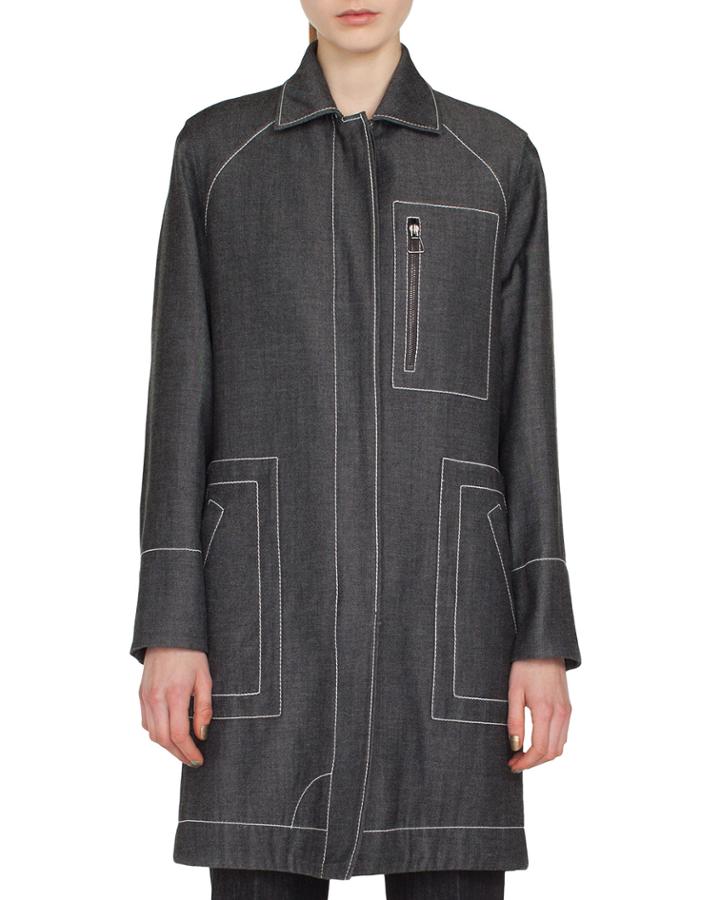 Tate Zip-front Denim Parka Jacket W/ Topstitching