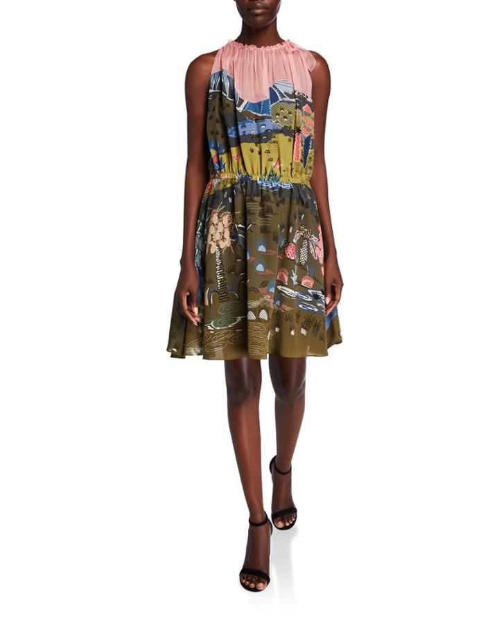 Sleeveless Printed Cinched-waist Dress