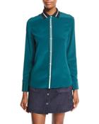 Nico Long-sleeve Tipped Silk Blouse, Teal