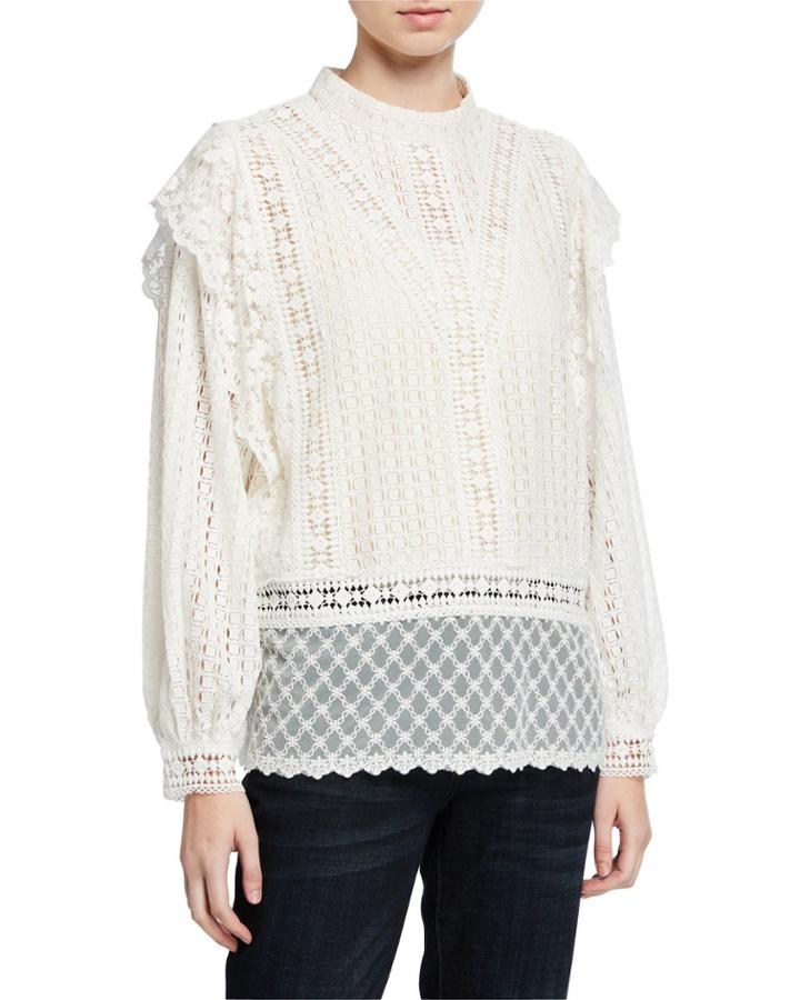 Mixed-lace Balloon-sleeve Off-the-shoulder Blouse