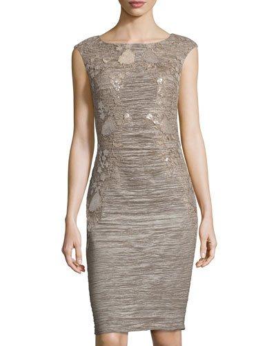 Pleated Floral-appliqe&eacute; Sheath Dress, Beige