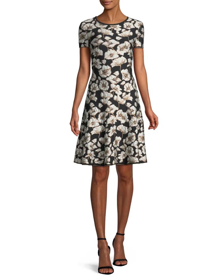 Short-sleeve Floral Jacquard Fit-and-flare Dress