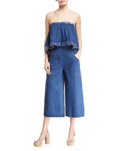 Strapless Frayed Denim Jumpsuit