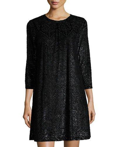 3/4-sleeve Foil-burnout Shift Dress, Black