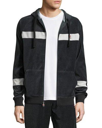 Velour Slim-fit Zip-front Hoodie, Black