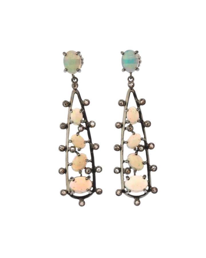 Black Silver Teardrop Earrings With Compressed Opal & Diamonds