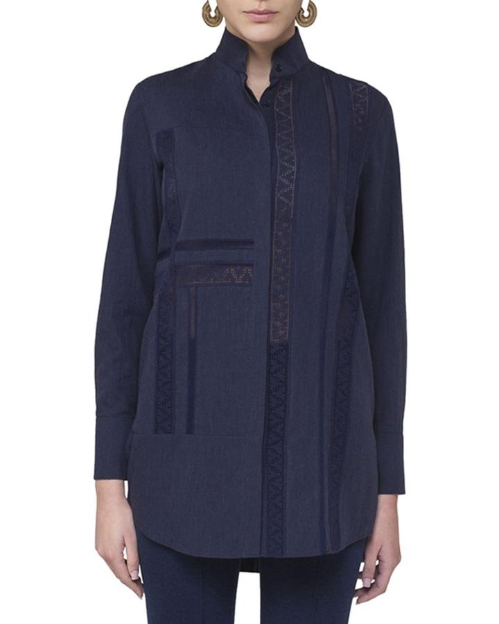 Lace-trim Stand-collar Blouse, Navy