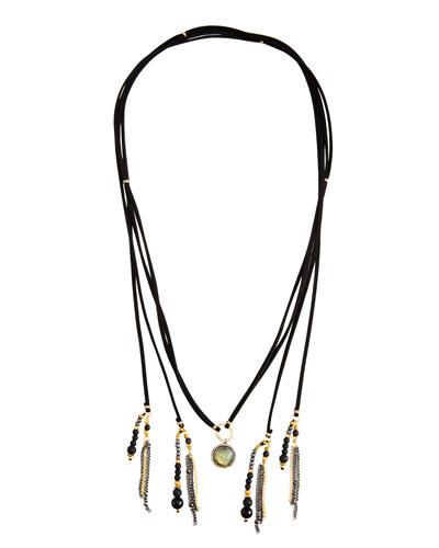 Long Tasseled Labradorite Choker Lariat Necklace, Gray