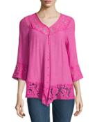 Gauze V-neck Blouse W/ Lace Trim, Pink