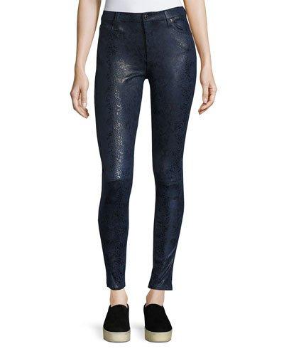Snake-embossed Knee-seam Skinny Pants, Navy