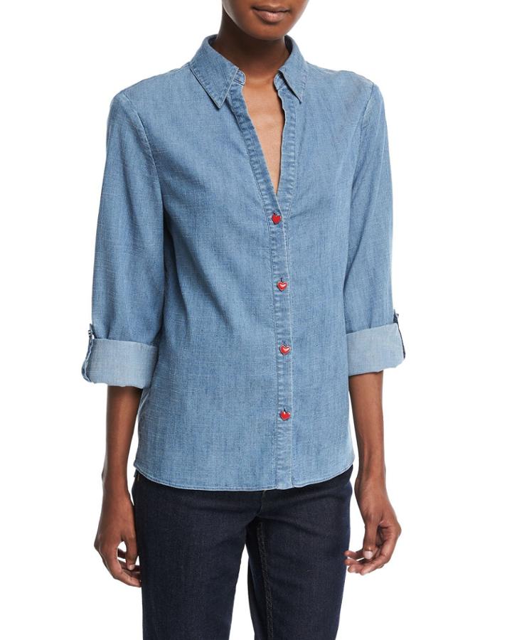 Elosie Button-front Denim Shirt W/ Graphic