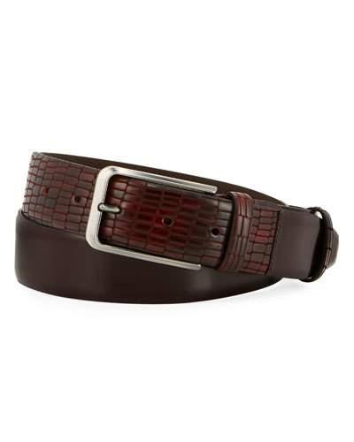 Embossed-panel Leather Belt, Burgundy