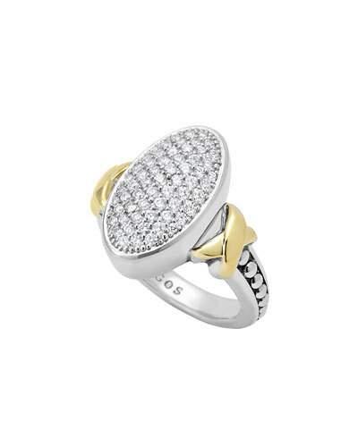 Sterling Silver Caviar & 18k Gold Oval Pave Diamond Ring,