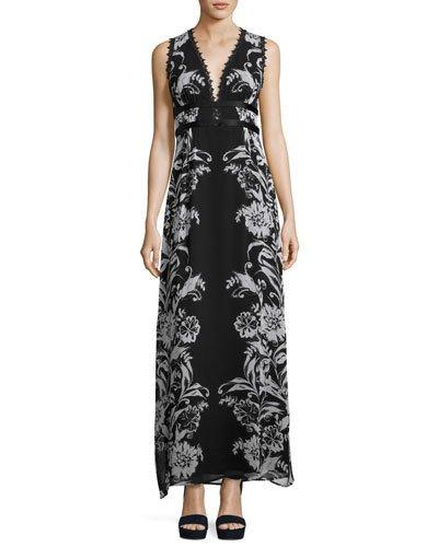 Sleeveless Floral Silk Maxi Dress, Black/blue
