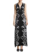 Sleeveless Floral Silk Maxi Dress, Black/blue