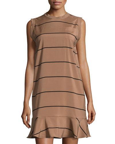 Sleeveless Striped Ruffled Dress, Brown/black
